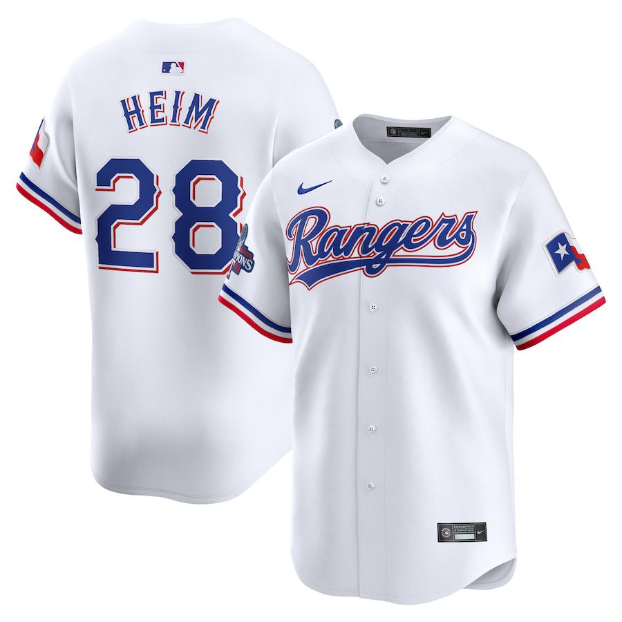 Men Texas Rangers #28 Jonah Heim Nike White Home 2023 World Series Champions Limited MLB Jersey